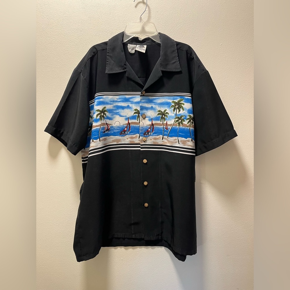 Kennington LTD California Unique Button Men’s Shirt, Sz XL, Black + Beach Scene